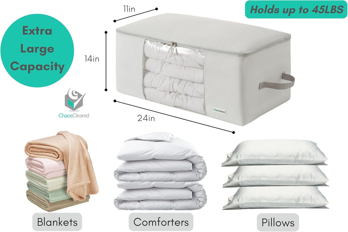 Comforter Storage Bag - Folding Organizer bag for King/Queen Comforters, Pillows, Blankets, Bedding/Quilt, Blanket, Duvet, Mothproof Space Saver; Large Collapsible Organizers, 24"x14"x11"