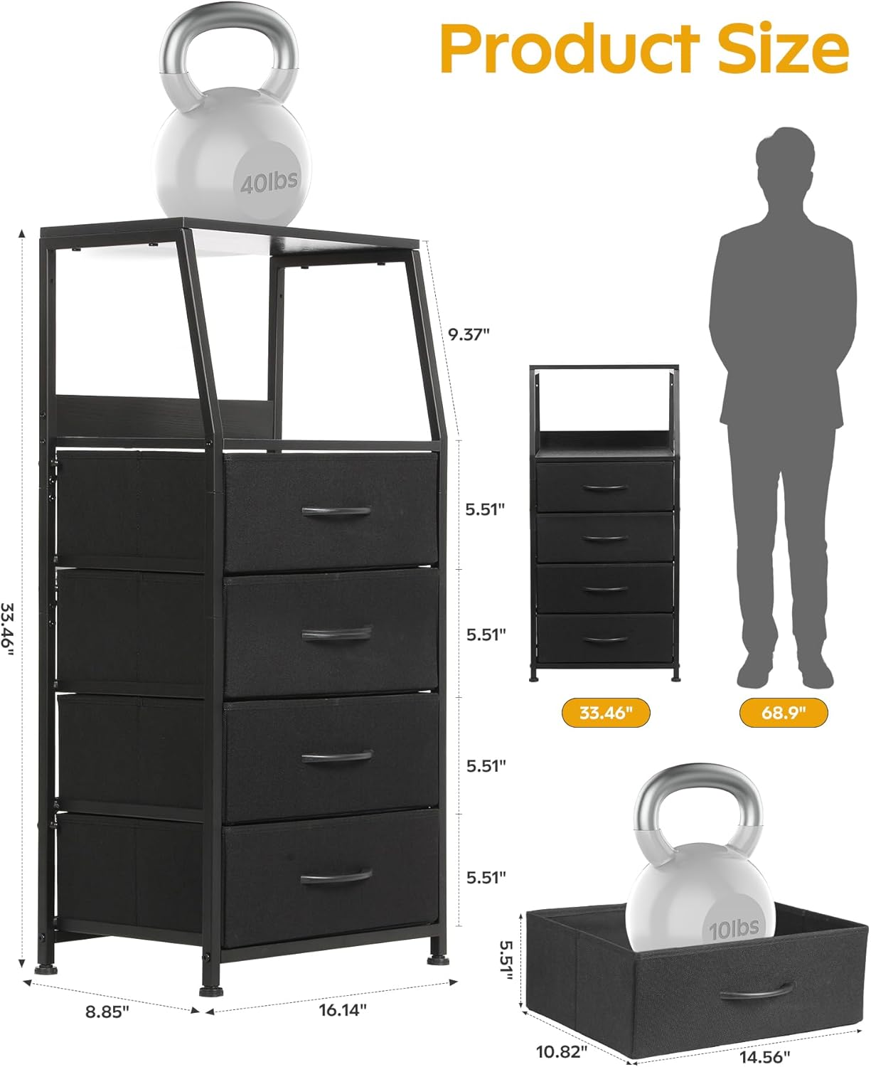 Dresser for Bedroom, Fabric Nightstand Tall Dresser & Chests of Drawers with 4 Drawers, Vertical Organizer Storage Tower Unit for Bedroom, Hallway, Entryway Black