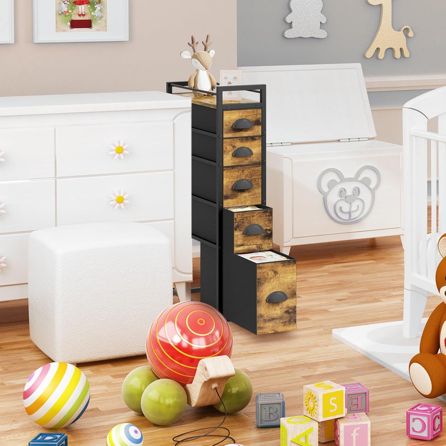 LASZOLA 5 Drawer Narrow Dresser Slim Cabinet Skinny Storage Tower Chest, Ideal for Small Spaces Bathroom Bedroom, Between Washer and Dryer, Lightweight Mobile on Wheels, Sturdy Fabric Drawers, Brown