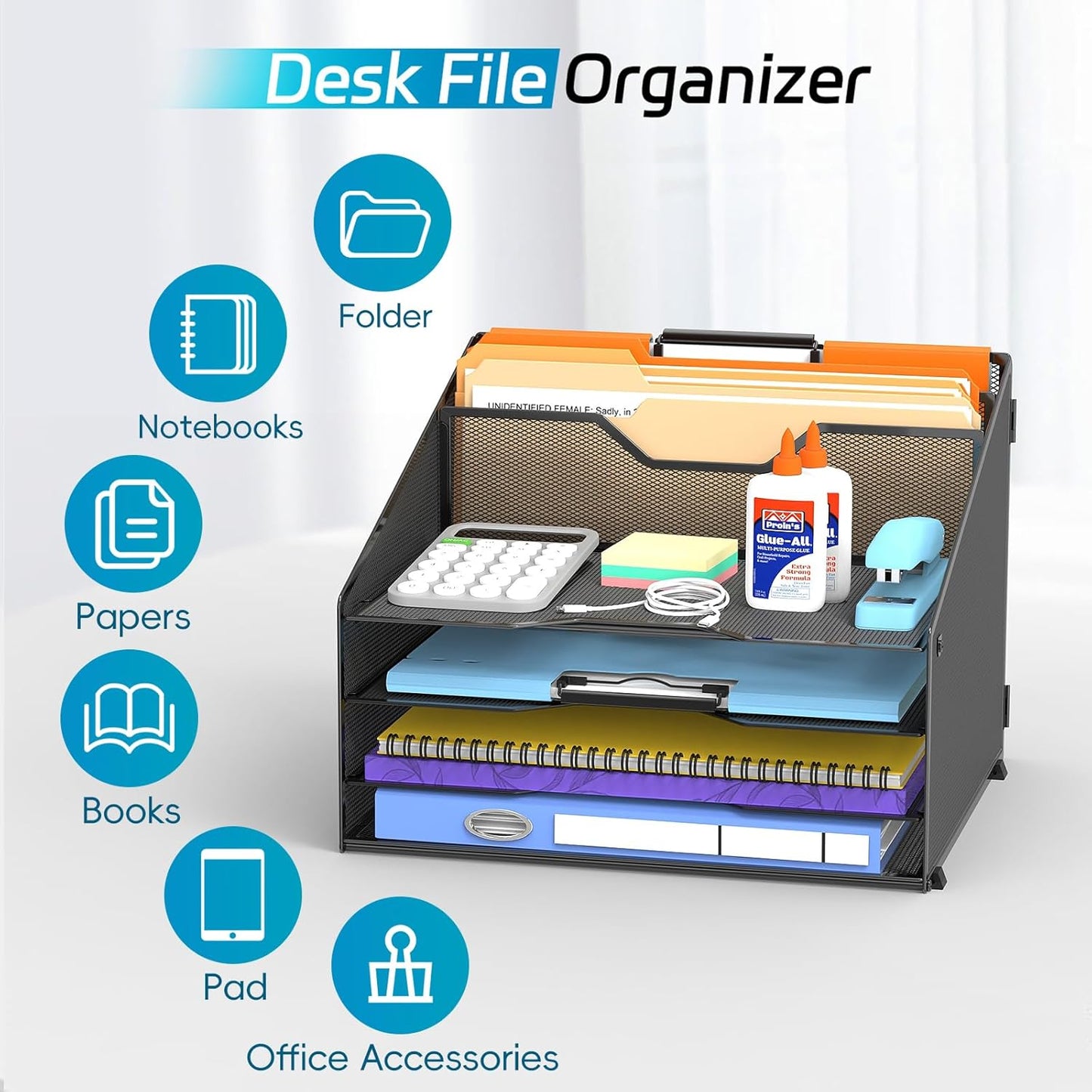 Desk File Organizer, Paper Organizer with 4 Letter Trays and 2 Vertical Upright Sections, Desk Organizers and Accessories for Office, School, Home, Black