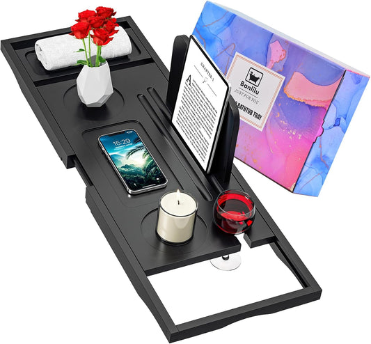 Premium Bathtub Caddy Tray Black - Bath Tray - Bath Tub Tray Table for Bathtub - Bath Caddy Tray for Bathtub, Expandable Size, Fits Most Bath Tubs