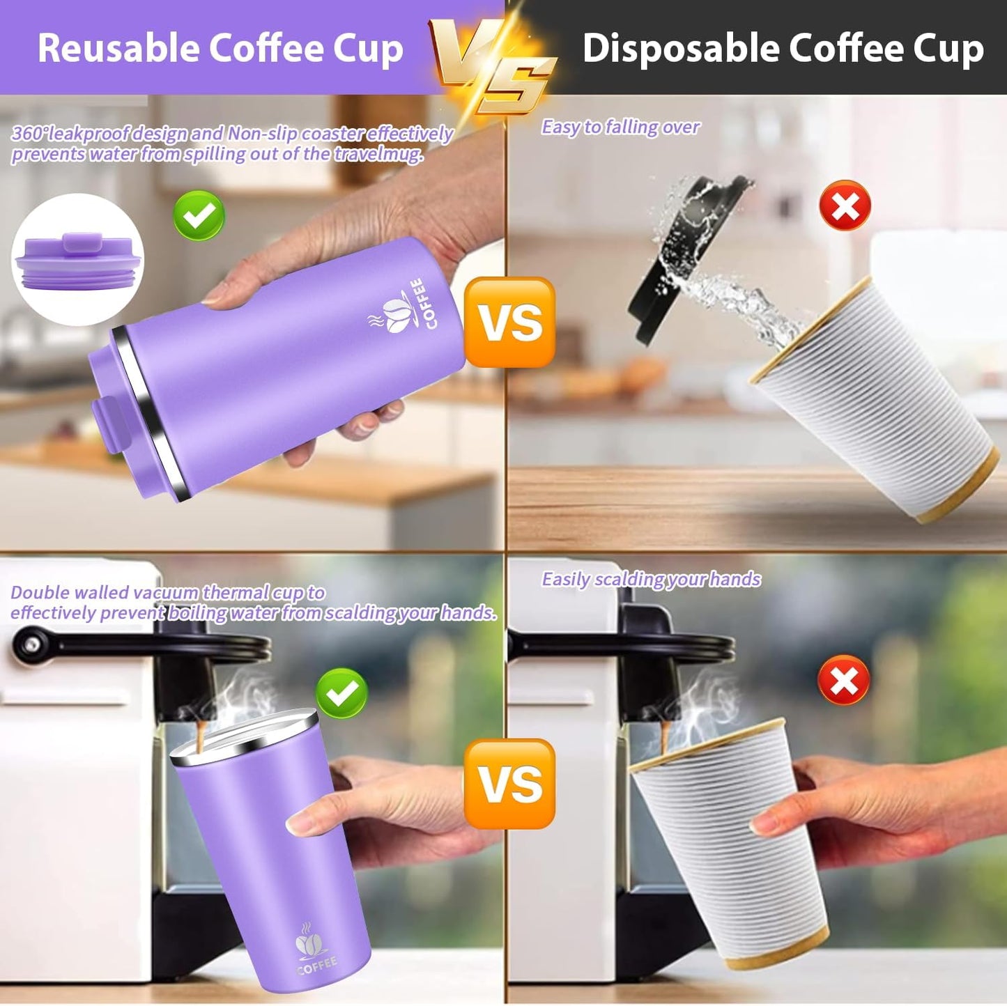 Insulated Travel Coffee Mug Reusable Coffee Tumbler Cup with Flip Lid Leak Proof Spill Proof for Office School Party Camping Hot and Cold Drink,Stainless Steel 17oz (Purple)