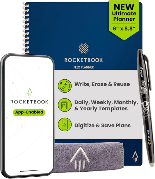 Rocketbook Flex Reusable Planner, Smart Undated, Daily, Weekly, Monthly, Annual Calendar Templates, Executive Size 6X8.8, Navy Blue (Pack of 1)