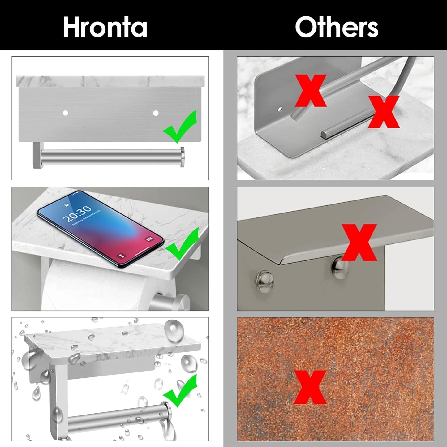 Toilet Paper Holder with Marble Shelf, SUS304 Stainless Steel Wall Mounted Toilet Paper Holder and 2 PCS Free Adhesive Hooks for Bathroom Washroom