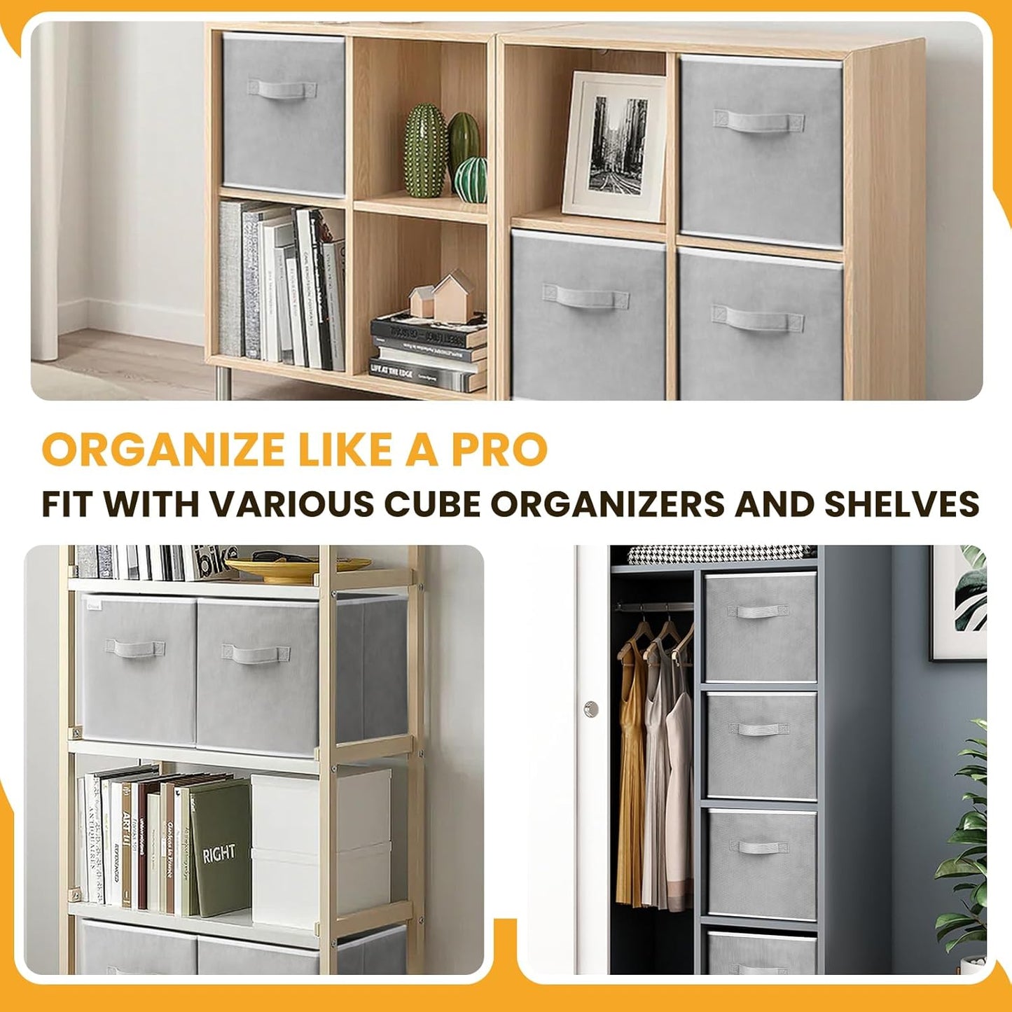 Criusia Large Storage Cubes, 13x13 Cube Storage Bins (Set of 10), Fabric Collapsible Storage Bins with Dual Handles, Foldable Cube Baskets for Shelf, Closet Organizers and Storage Box (Grey)