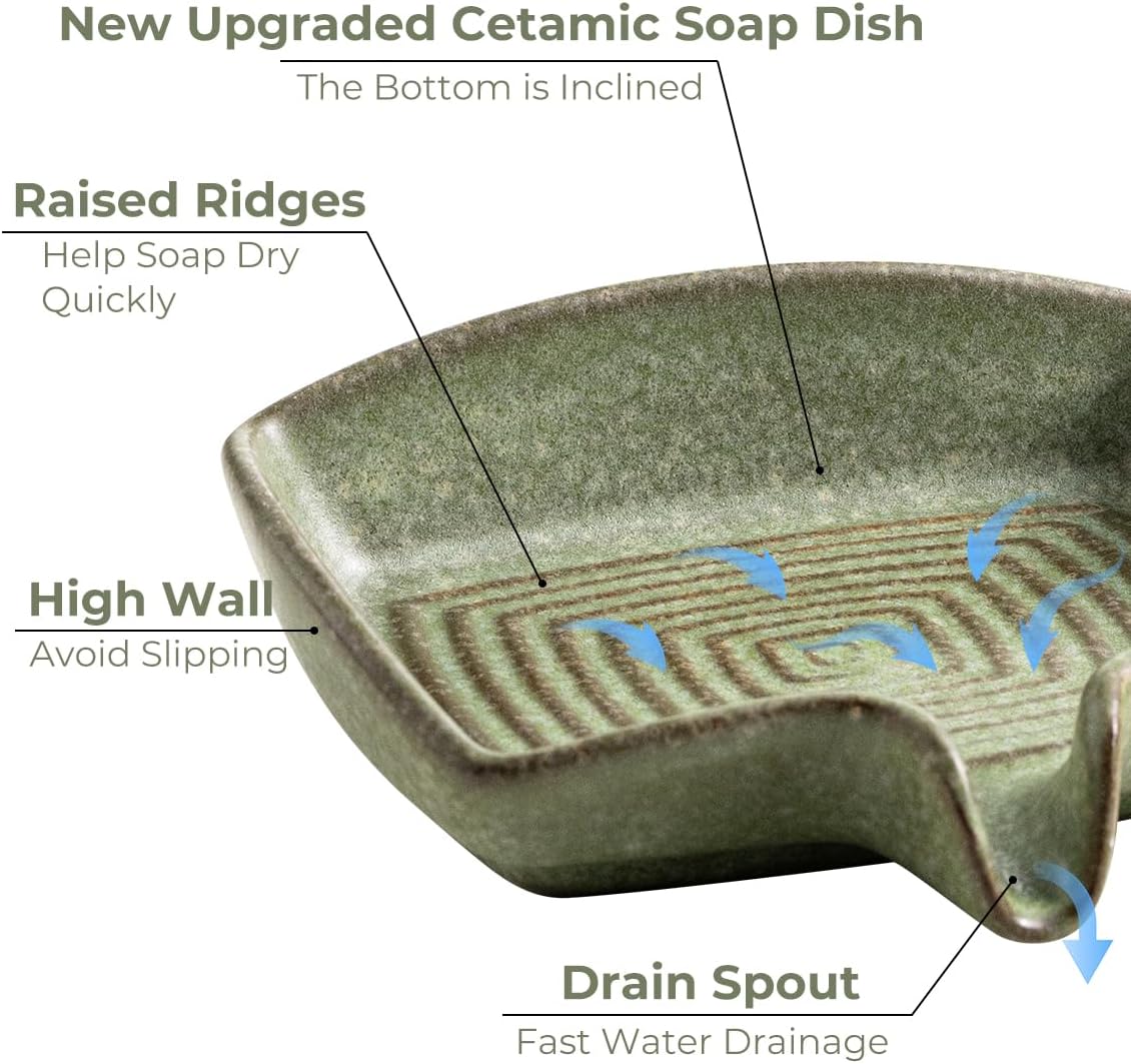 Self Draining Soap Dish, Ceramic Drain Soap Holder Waterfall Design Soap Saver for Shower, Bathroom, Sink, Kitchen and Countertop, Keeps Dry, Green