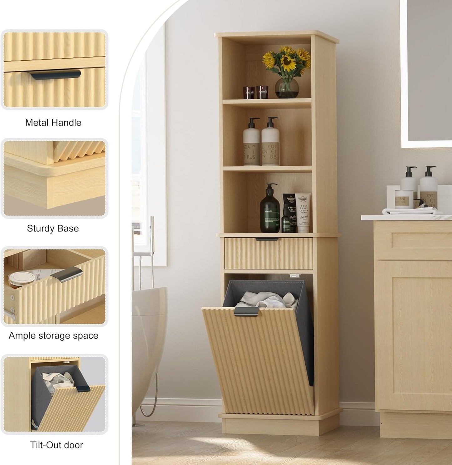 Natural Tilt Out Laundry Hamper Tall Bathroom Storage Cabinet Hidden Laundry Hamper Cabinet with Drawers and Baskets for Bathroom Hamper with Storage for Bedroom,16x16x59in