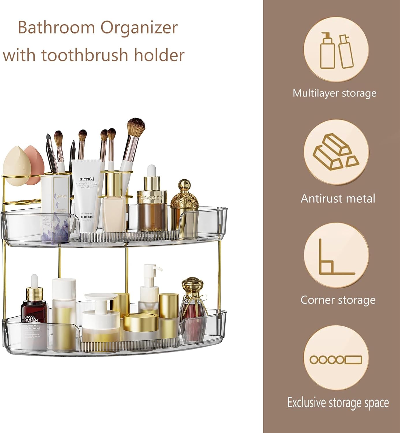 FELIZHOUSE 2-Tier Makeup Organizer for Vanity & Bathroom Countertop – Acrylic Storage Shelf with Perfume Tray & Makeup Brush Holder, Tool-Free Installation, Design for Bathroom & Dresser - Grey