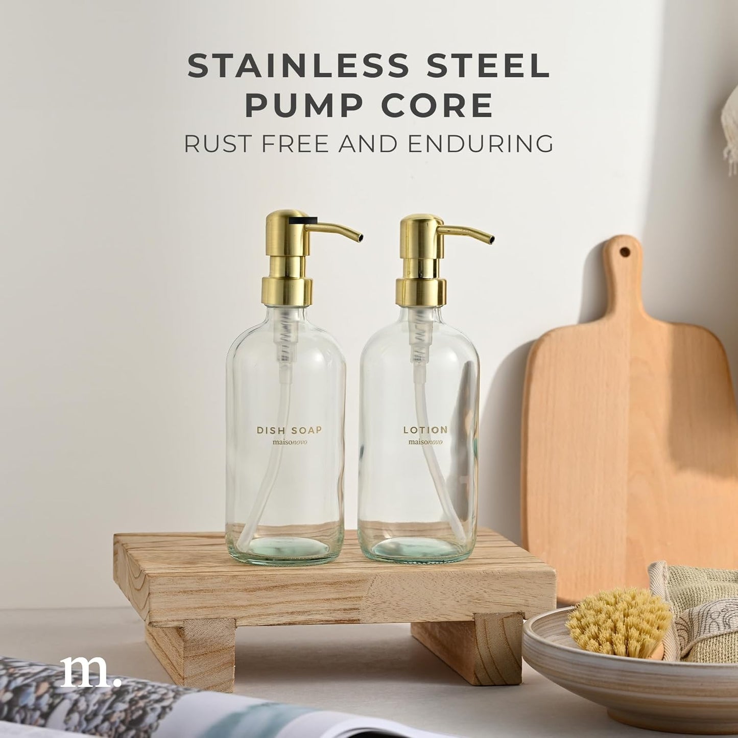 MaisoNovo Soap Dispenser 2-Piece Set | 16.9oz Clear Bottles with Gold Stainless Steel Pump
