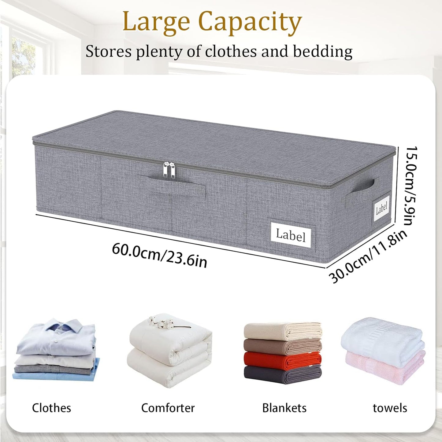 Yawinhe Underbed Bags, Storage Containers Bags with Lid, Foldable Blanket Bins, with Sturdy Zipper und Label Holders, for Clothing, 23.6''Lx11.8''Wx6''H, 4 Pack, Grey