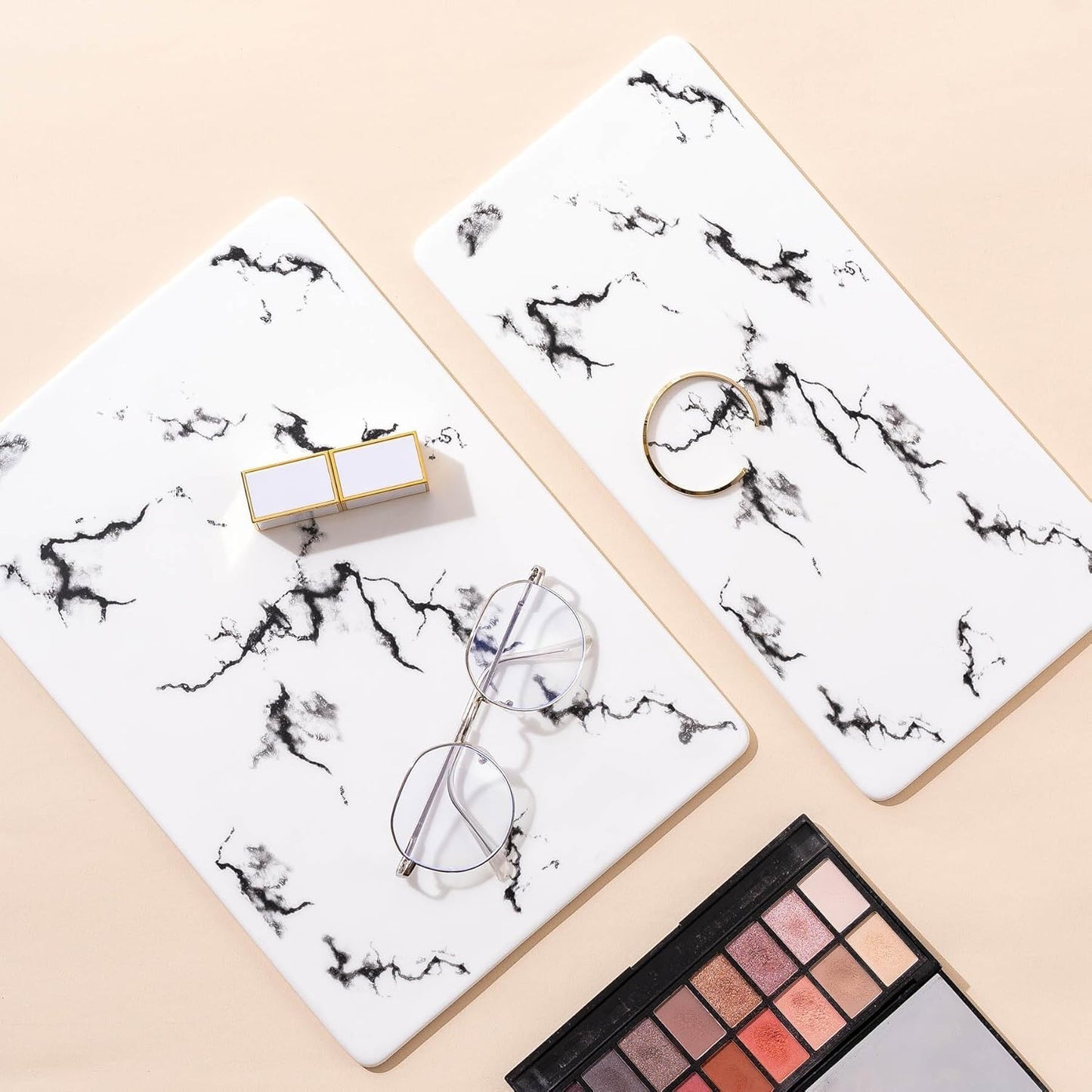 2 Tier Bathroom Cabinet Countertop Organizer Perfume Lipstick Makeup Organizer Cosmetics Storage Display Rack Vanity Tray Metal Dresser Storage Shelf White Marble Ceramic Tray Golden