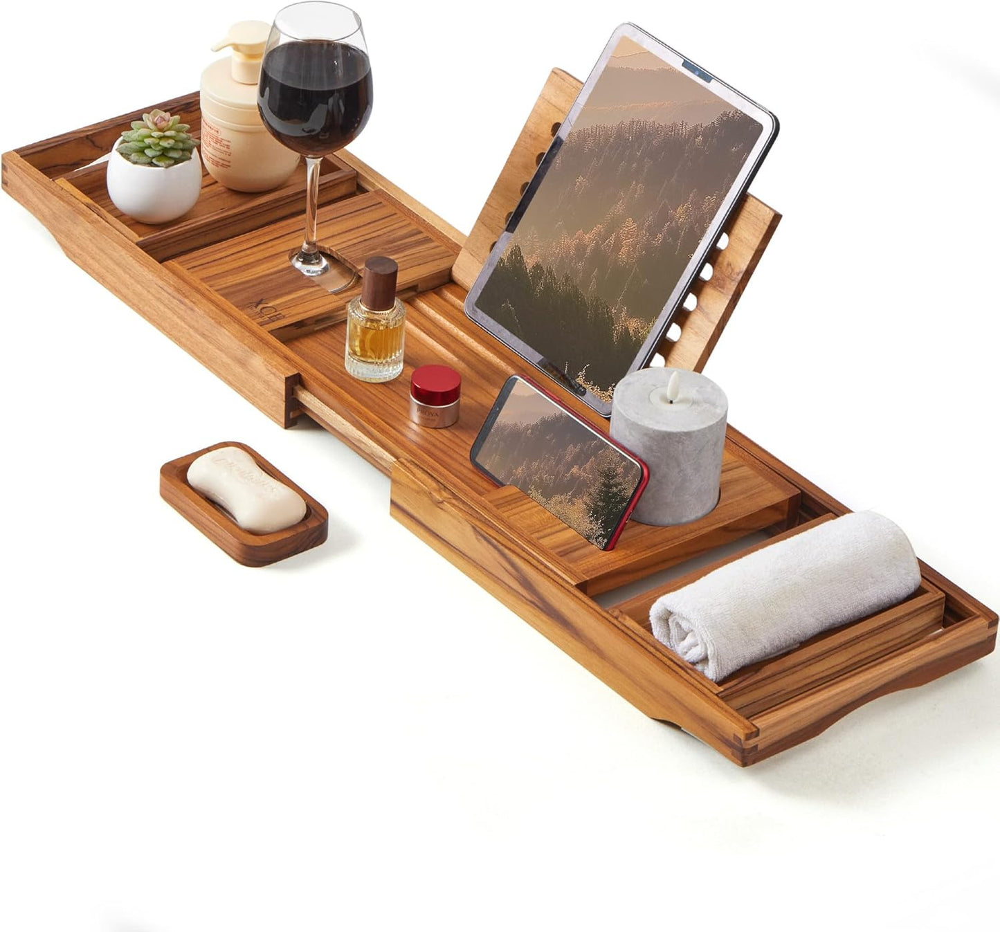 XcE Teak Bathtub Tray Expandable to 105cm with Solid Book Stand and Soap Tray, Teak