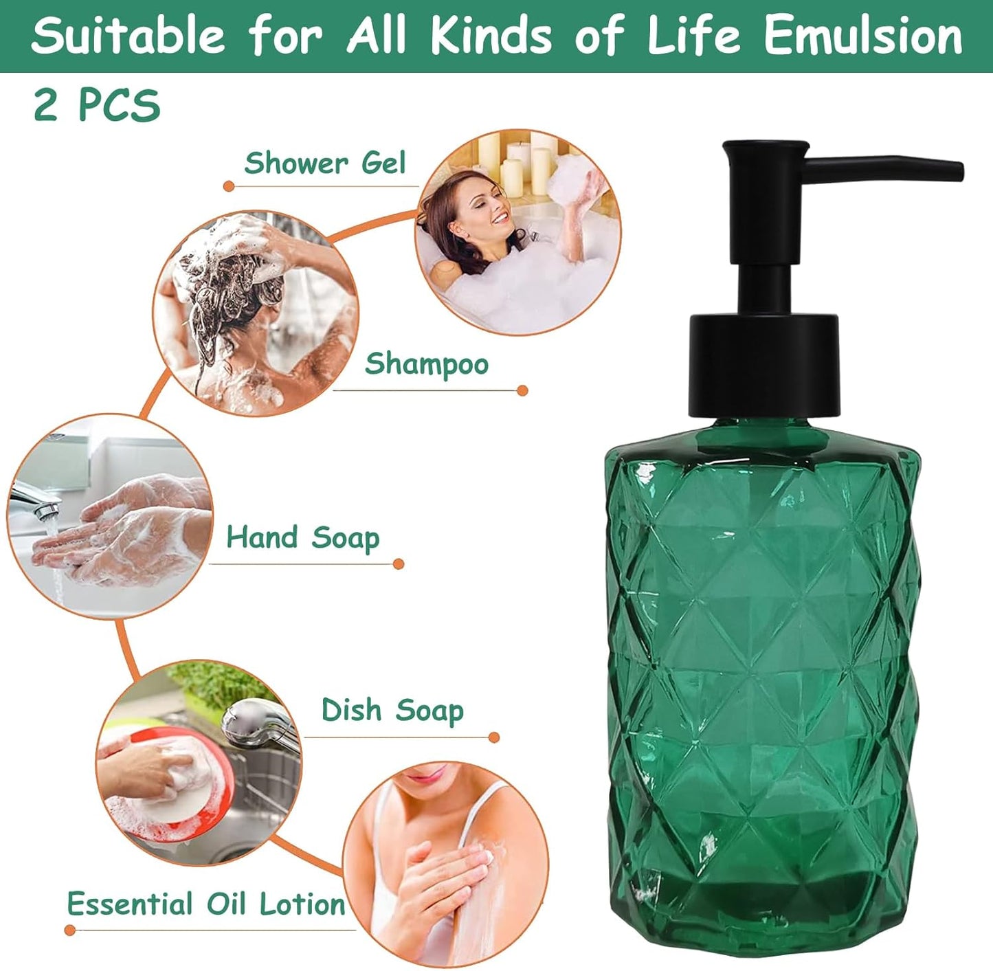 Green Bathroom Soap Dispenser Set with Black Plastic Pump, 12oz Glass Lotion Dispenser, Crystal Hand Soap Dispenser for Modern Home Decor, Kitchen Countertop, Hotel