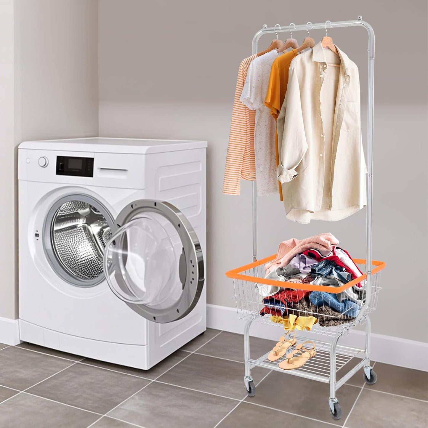 Laundry Basket with Wheels,Commercial Heavy Duty Rolling Wire Lau-ndry Ba-sket Cart with Rod Rack for Clothes Storage (Type 4)