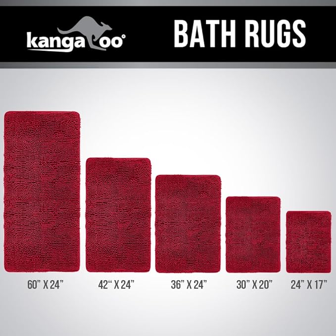 KANGAROO Bathroom Rugs, Chenille Soft Absorbent Bath Rug, Shaggy Shower Mat, Quick Dry Machine Wash Bathmat, Plush Carpet Mats for Tub, Bathtub and Room Home Decor Accessories, 36x24, Red