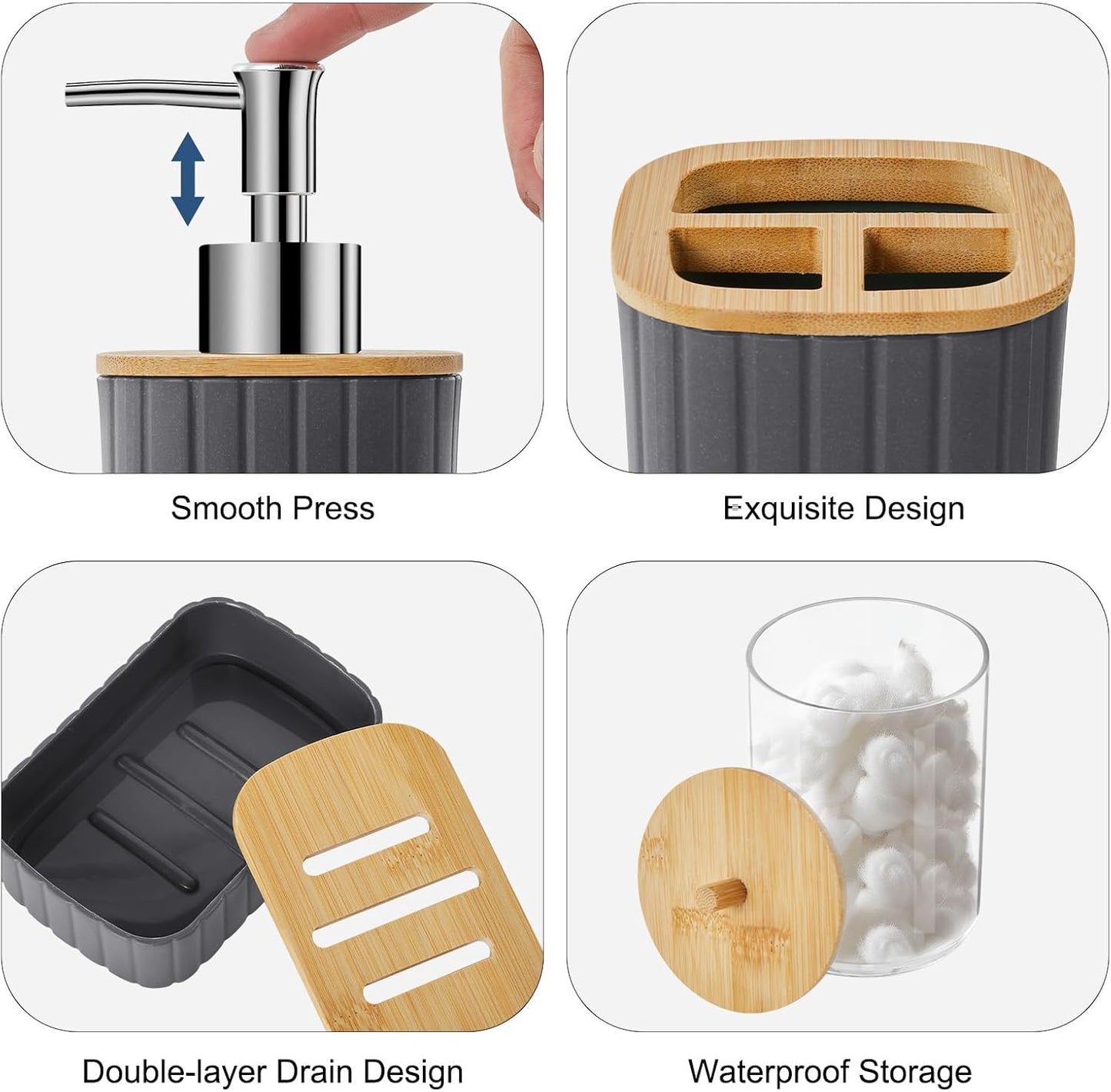 Bathroom Accessories Set - 22PCS Bathroom Set with Shower Curtain, Trash Can, Toilet Brush Holder Set & Soap Dispenser – Stylish & Functional Bath Decor for Home, Apartment, Grey