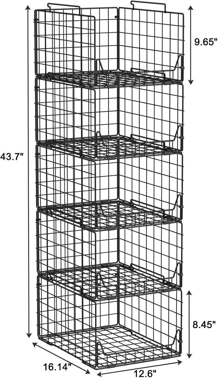5-Tier Stackable Closet Organizer Shelf – Foldable Metal Storage Bins for Clothes, Sweaters & Towels | Stylish Black Wire Baskets for Bedroom, Wardrobe, Dorm or Entryway