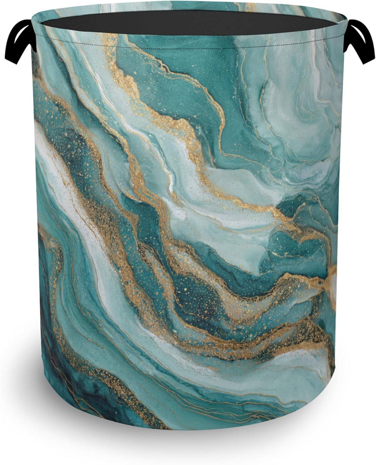 Blue Green Gold Marble Laundry Basket,Foldable with Handles Tote Bag Oxford Cloth for Bathroom Bedroom Dirty Clothes Storage Bucket 16" x 20.8"