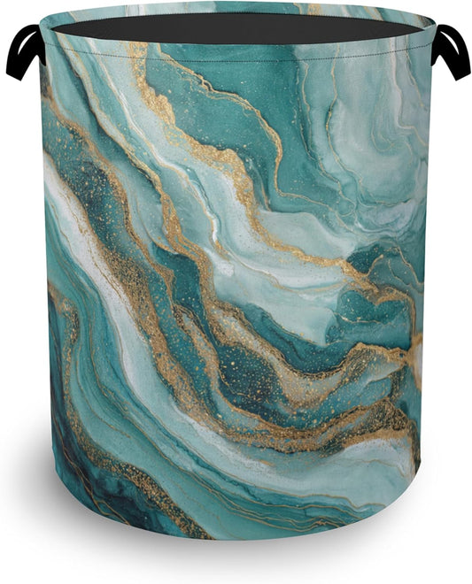 Blue Green Gold Marble Laundry Basket,Foldable with Handles Tote Bag Oxford Cloth for Bathroom Bedroom Dirty Clothes Storage Bucket 16" x 20.8"