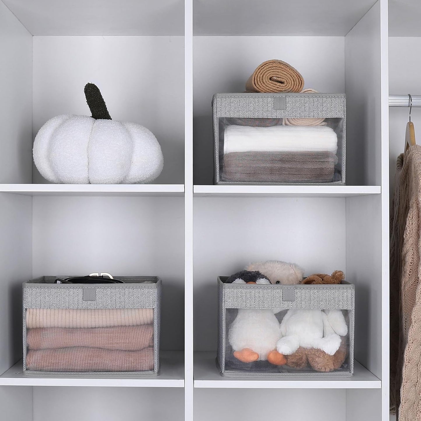 WUIKE Closet Storage Bins, Medium Storage Boxes with Clear Window, Fabric Storage Baskets for Organizing Clothes, Sheets, Blankets, Decorative Storage Bins, Herringbone Gray