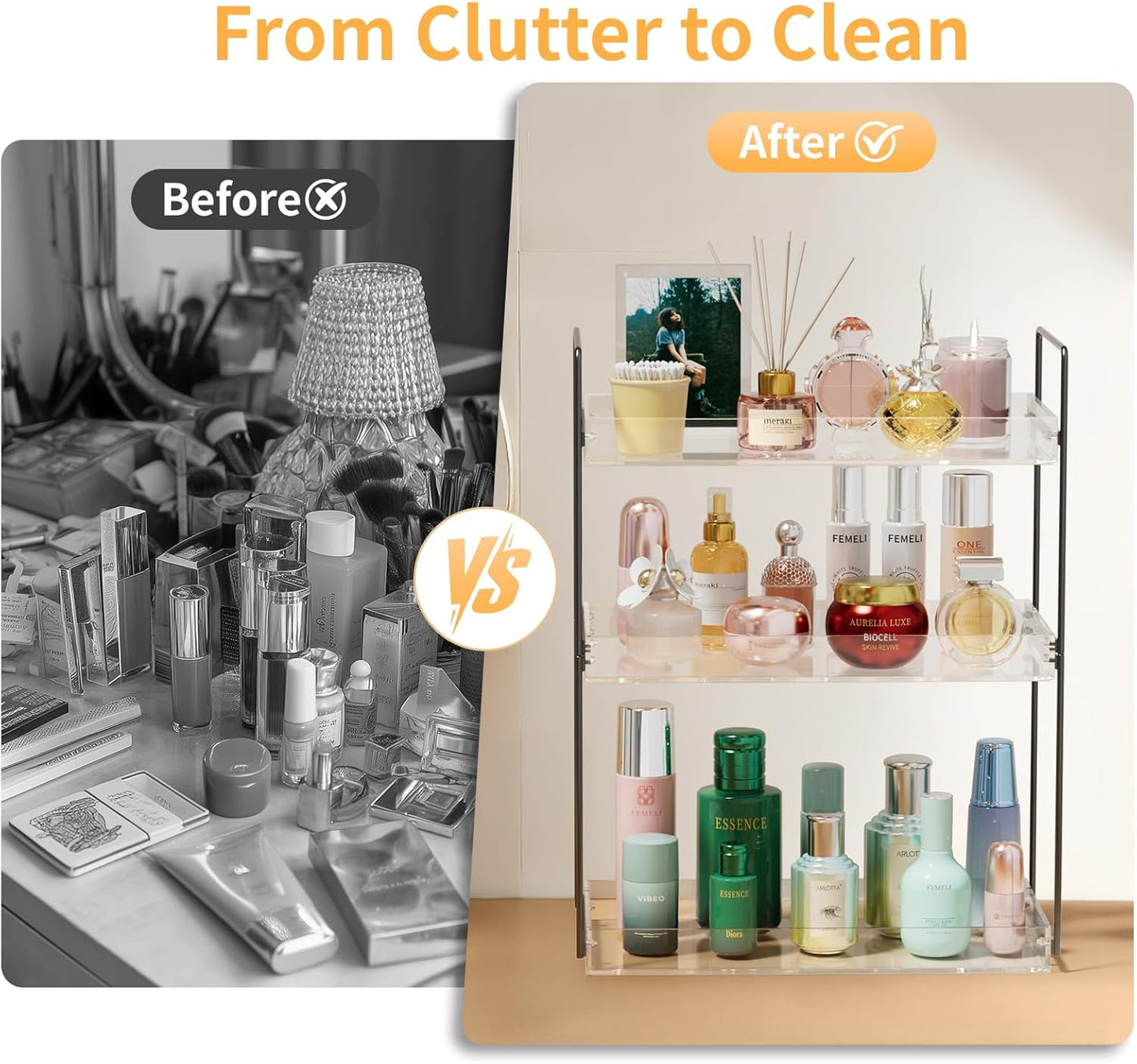 Bathroom Countertop Organizer, 3 Tier Metal Vanity Counter Skincare Shelf, Matte Black Under Sink with Acrylic Tray, Home Storage Holder for Makeup Cosmetics Perfume Spice,Black+Clear