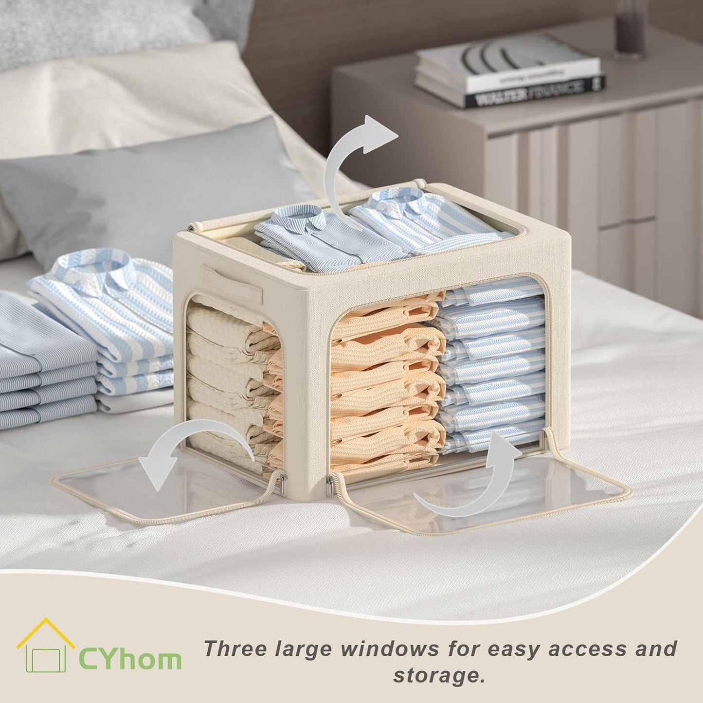 3 Openings Clothes Storage Bins Box - 3Pack Stackable Foldable Storage Bin - Metal Frame Storage Box Clothing Storage Organizer with Clear Window, Carry Handles (66L-19.7x15.7x13in, Beige)