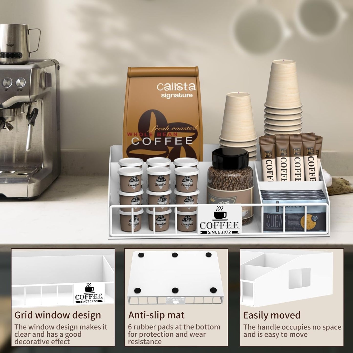 Metal Coffee Station Organizer for Countertop - Coffee Bar Organizer with Designable DIY Logo, K Cup Pods Holder & Tea Condiment Storage - Rustic Breakroom Kitchen Decor in White （1 Pcs）