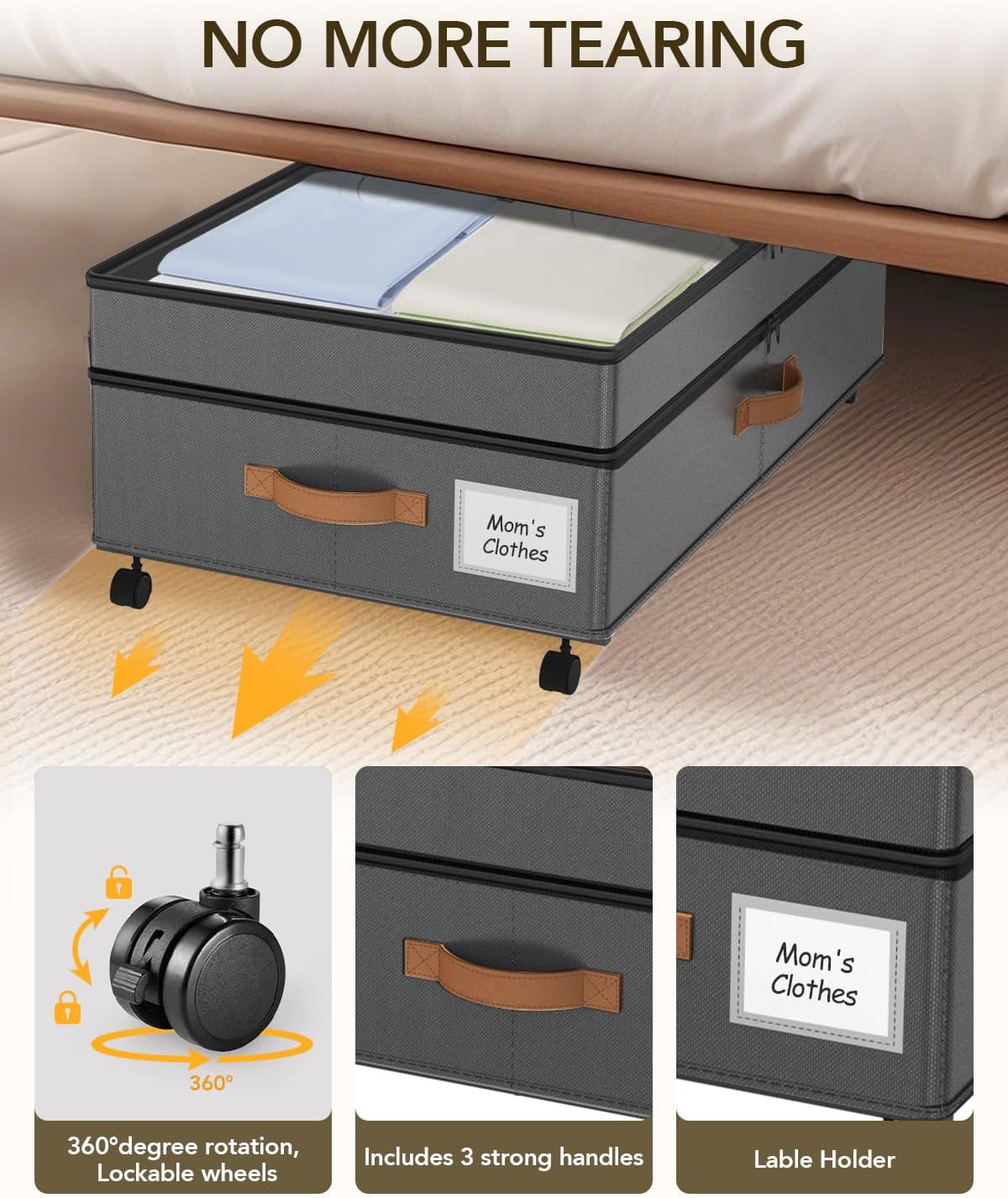 Under Bed Storage with Wheels, 10 inches Under the Bed Storage Containers Large, 65L XXL Adjustable Storage for Underbed with Lids, Rolling for Shoes, Clothes, Blankets, Grey