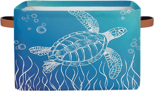 Ocean Turtle Storage Basket for Shelves, Storage Bins with Handles, Collapsible Basket for Organizing, Closet Toy Baskets for Nursery Room, 15x11x9.5 in, Canvas, Sea Tortoise