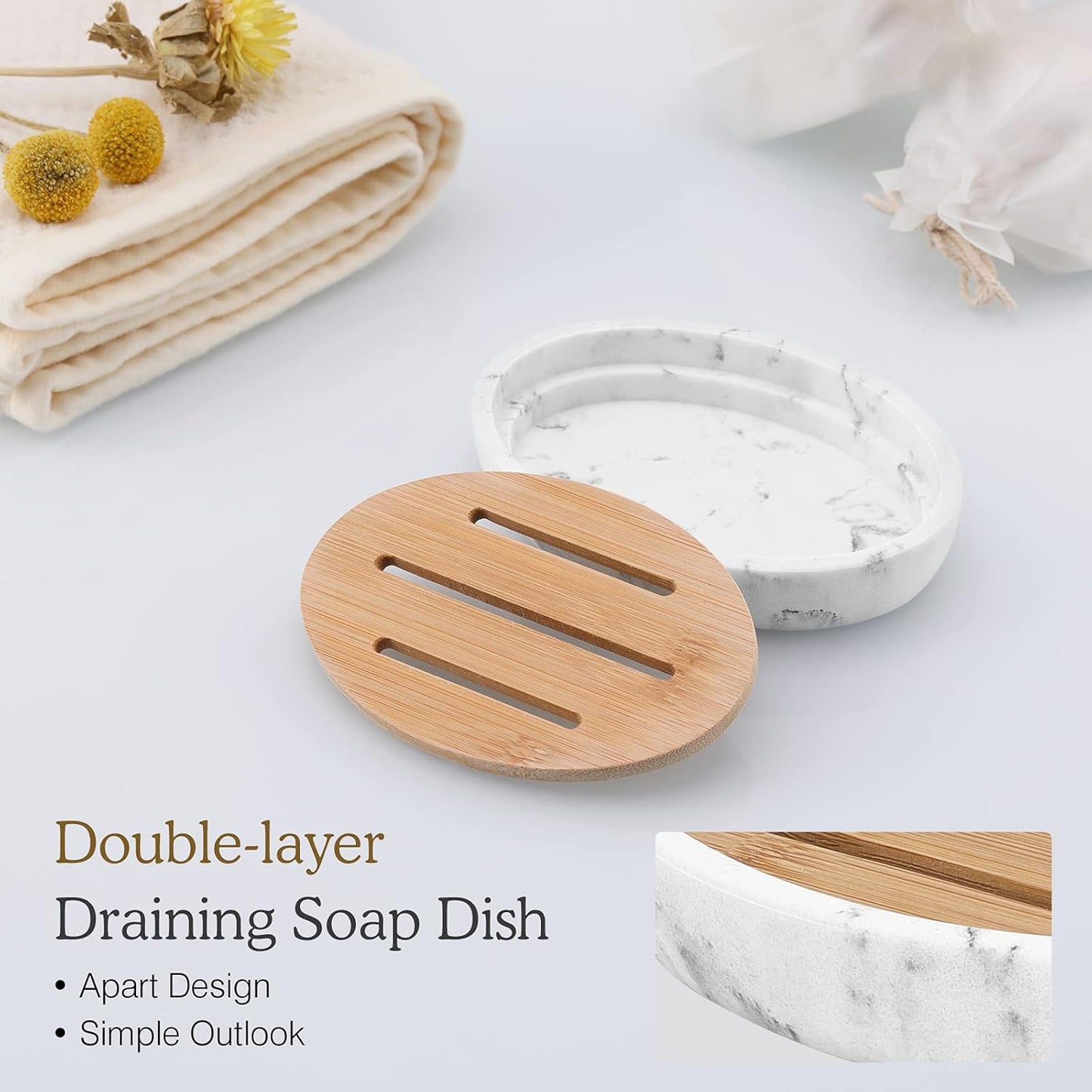 Luxspire Bamboo Soap Dish, Resin Soap Holder with Drainage, Oval Wooden Soap Dish for Shower, Bathroom, Sink, Kitchen and Countertop, Gravel White