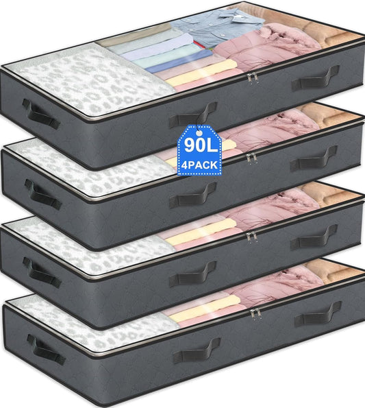 4 Pack Under Bed Storage, 90L Collapsible Closet Containers Organizers and Under Bed Storage Bins, Underbed Storage Bags for Wrapping Paper, Blanket, Towels, Clothes, Comforter, Sweaters, Linen Sheet