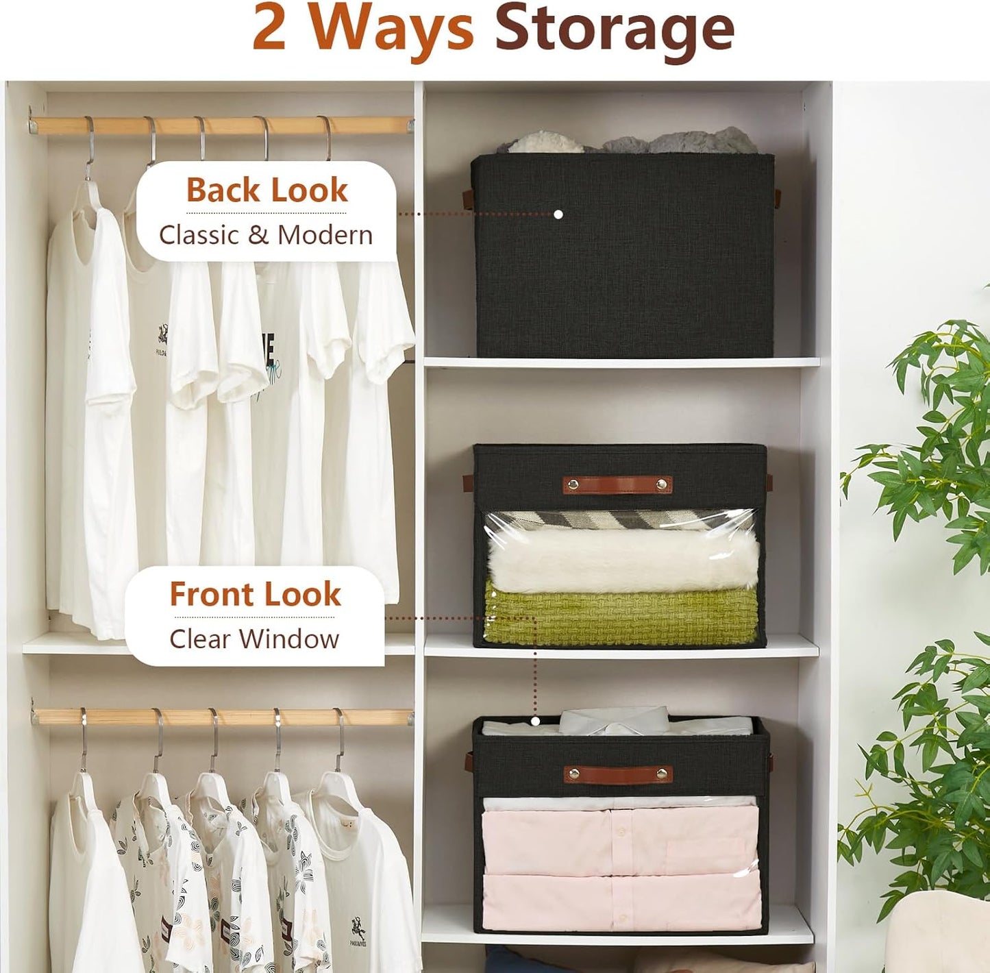 Extra Large Storage Baskets with Clear Window, See Through Closet Organizer with PU Handles, Linen Foldable Storage Bins for Organizing Clothes, Toys, Books (Black)