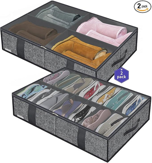 Large Under Bed Boots Shoes Storage Organizer Set of 2 (14+4 Pairs), Durable Closet Foldable Fabric Shoe Container Box with Clear Window, 33.9x 23.6x5.9inch, Light Grey, ZMGCUBS14S4