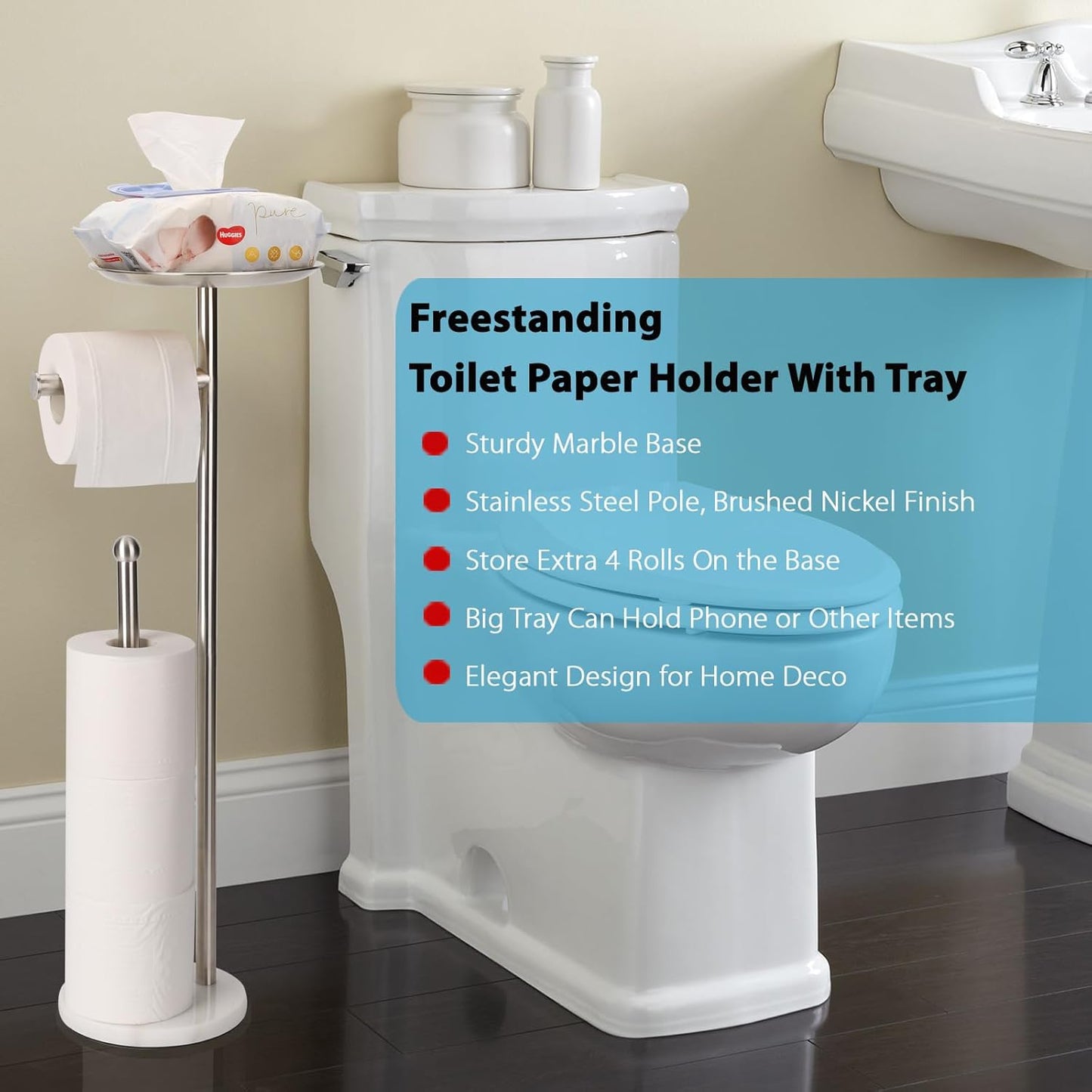 Noonext Toilet Paper Holder Stand with Shelf, Freestanding Toilet Paper Holder, Heavy Marble Base No Tipping Over (Brushed Nickel)