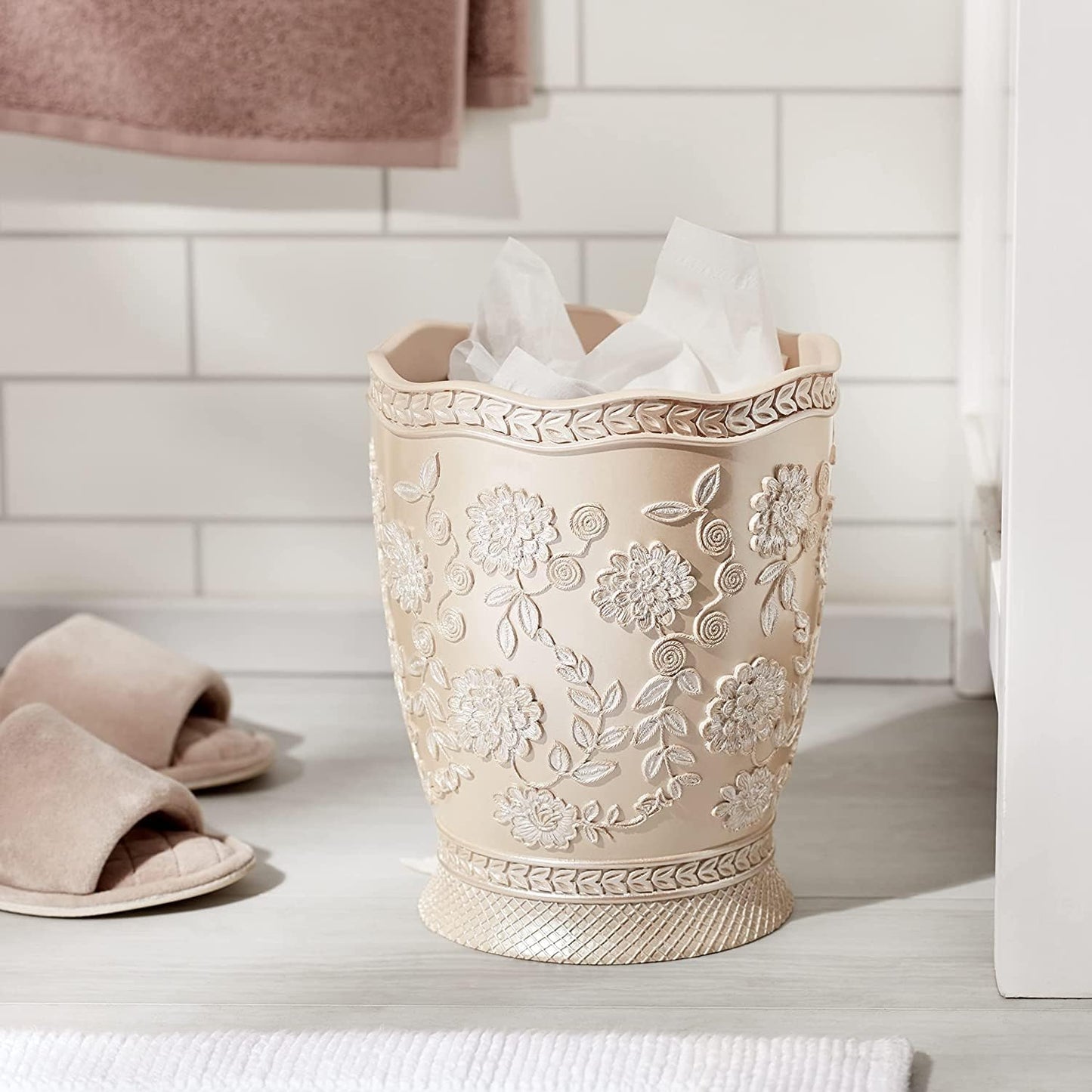 Zahari Home 2pc Rose Vine Bathroom Set Waste Basket & Tissue Cover Modern Classic Decor Stylish Unique Design Beautiful Beige Bathroom Accessories Set