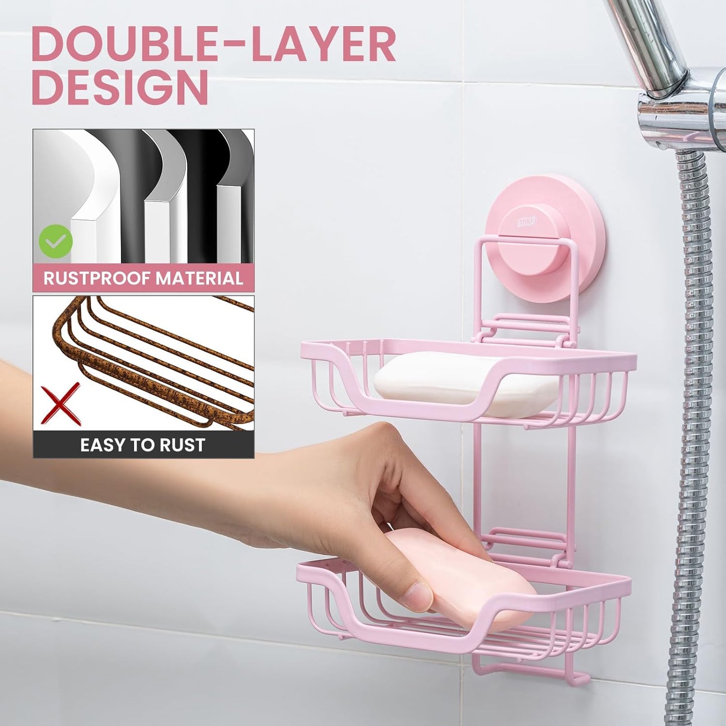 TAILI Double Layer Soap Holder, Bar Soap Dish Suction Cup for Shower Wall, Draining Saver Tray for Bathroom, Rustproof Stainless Steel Sponge Holder for Tub, Kitchen, Drill-Free, Pink
