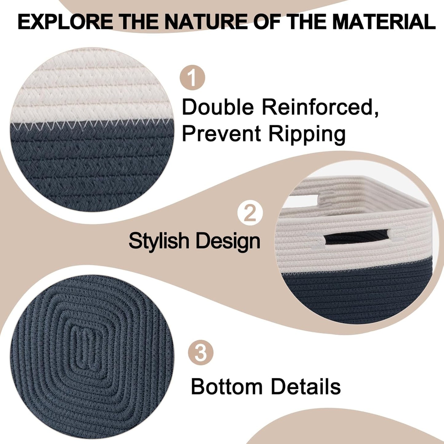 OIAHOMY Cube Storage Basket, 3-Pack Woven Cotton Rope Baskets for Storage, 11-Inch Cube Basket with Handles, Great for Shelves, Closets, Children's Toy Storage and Organization-White & Blue