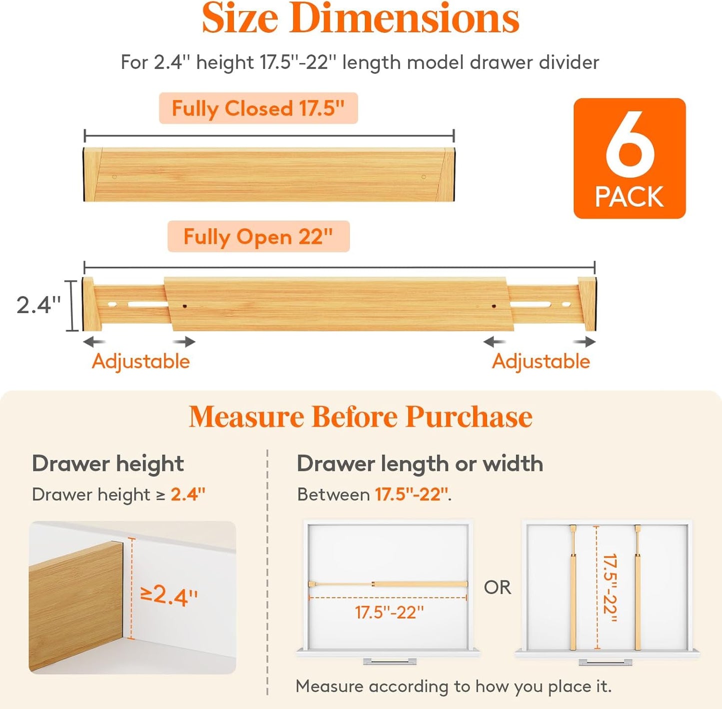 Lifewit 6 Pack Bamboo Drawer Dividers 2.4" High, 17.5-22" Kitchen Drawer Organizers, Adjustable Wooden Drawer Dividers for Clothes, Expandable Drawer Separators for Dresser, Bedroom, Bathroom, Cabinet