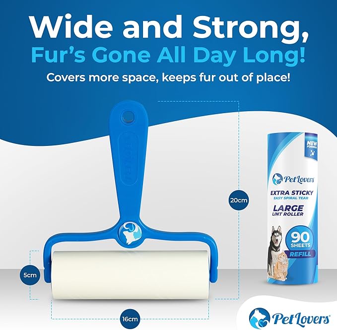 PetLovers 6.3" Large Lint Roller for Pet Hair Extra Sticky 270 Sheets, Ideal for Pet Hair Removal from Furniture & Clothes, Dog and Cat Lint Remover 3 Pack