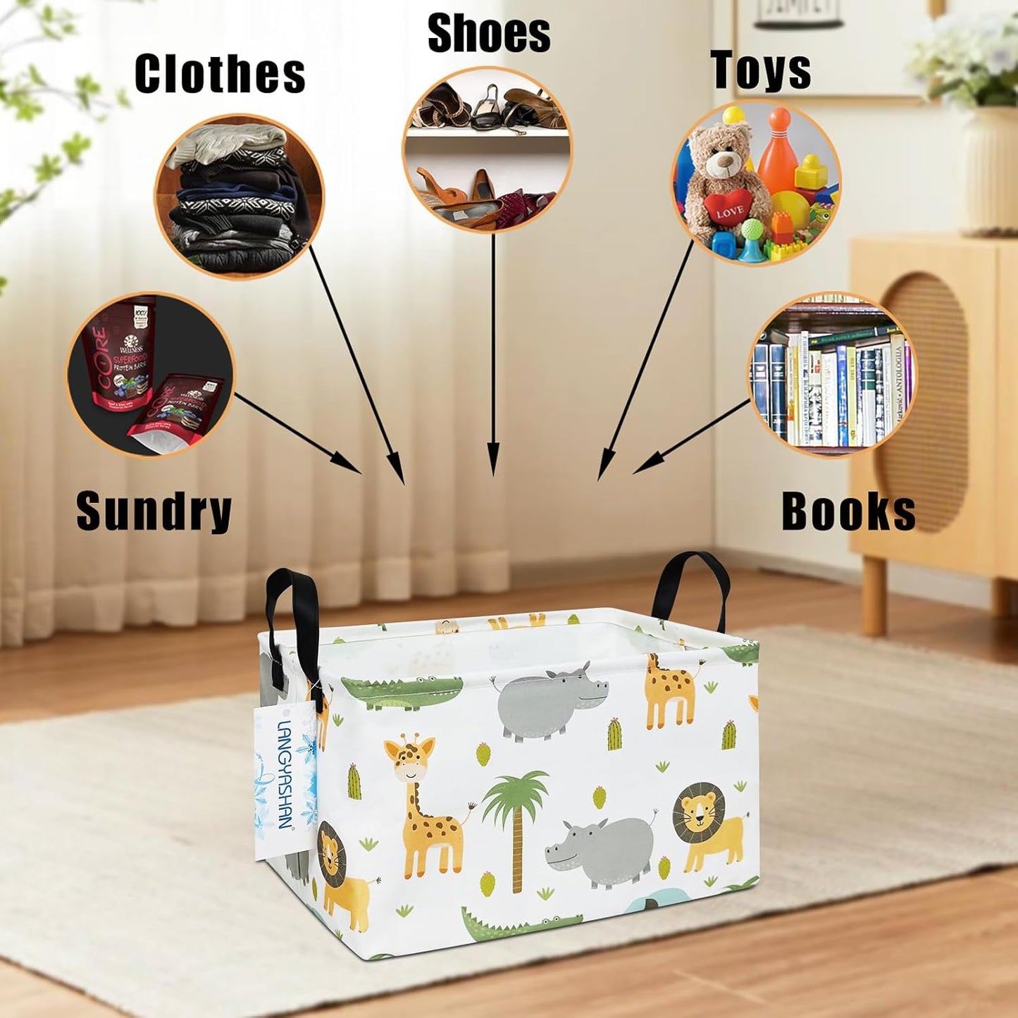 LANGYASHAN Rectangular Storage Bin Collapse Canvas Fabric Cartoon Storage Basket with Handles for Organizing Home Kitchen Boys and Girls Toys Office Closet Shelf Baskets (Rec animal)