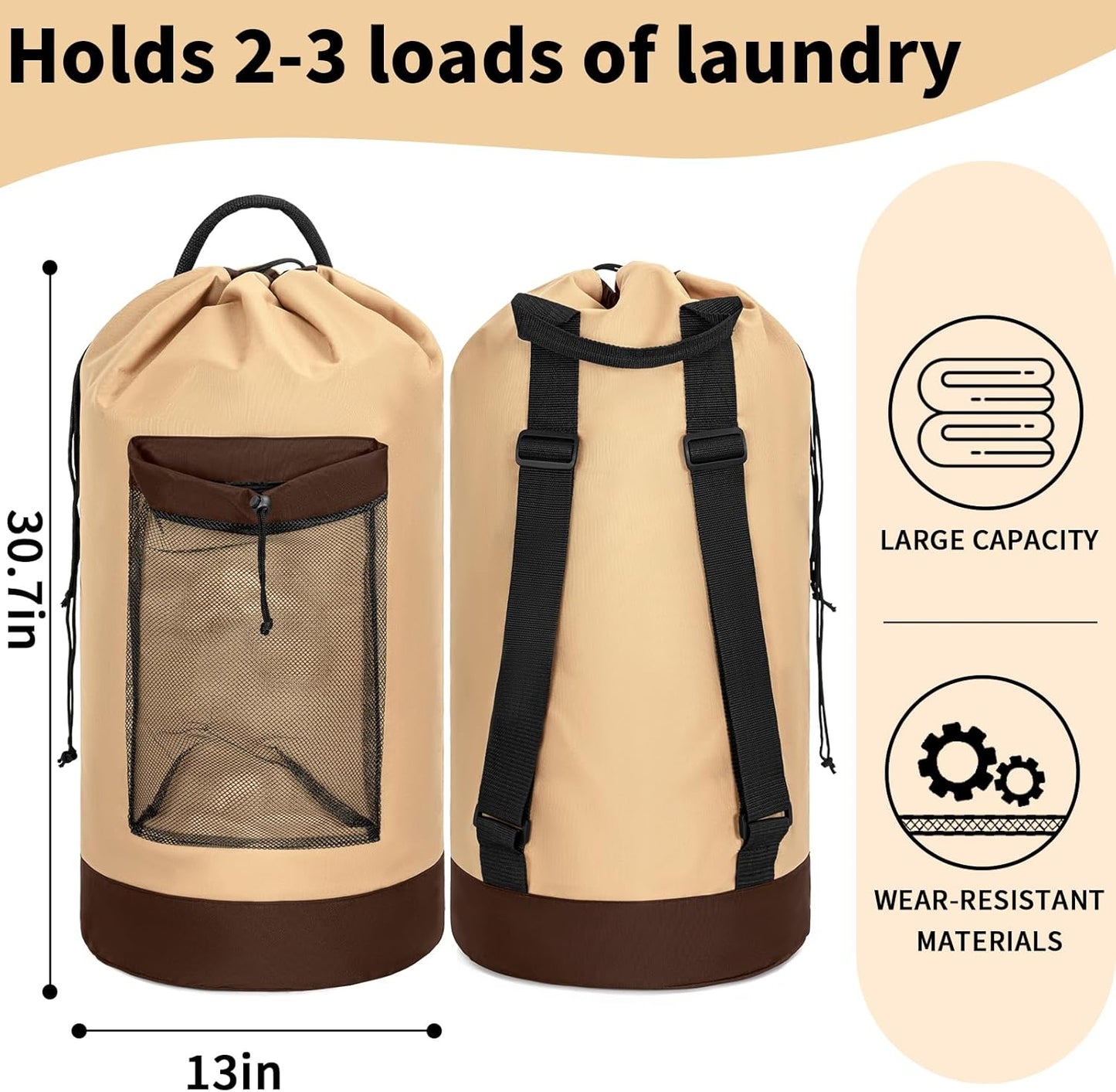 Laundry Bag Backpack with Shoulder Straps and Mesh Pocket Foldable Clothes Hamper Bag with Drawstring Closure for College, Apartment, Laundromat (Brown)