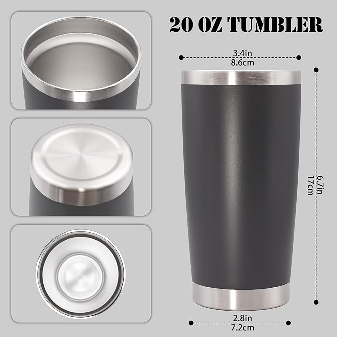 20 oz Tumbler with lid Double Wall Vacuum Insulated Tumblers Stainless Steel Coffee Mug Travel Coffee Tumbler Powder Coated Tumbler Cup Keep Hot&Cold - (Grey 6 Pack)