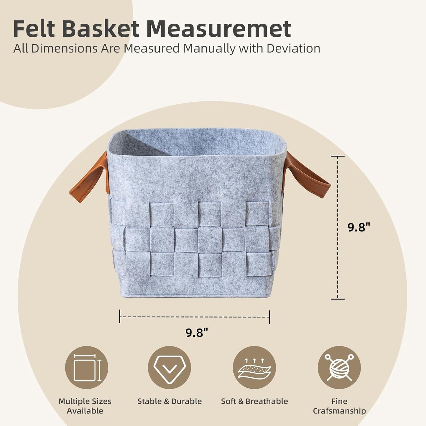 10 Inch Cube Storage Basket 3 Pack, Blanket Baskets with Leather Handle, Felt Fabric Storage Bin for Shelves,Square Baskets for Toys Nursery Living Room,Light Grey