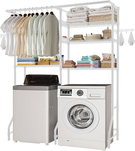 VEVOR Over The Washer and Dryer Storage Shelf, 6 Tier Laundry Room Drying Rack with Hanger Rod and Hooks, Adjustable Over Washer and Dryer Shelves, Laundry Room Shelf Storage Space Saver, White