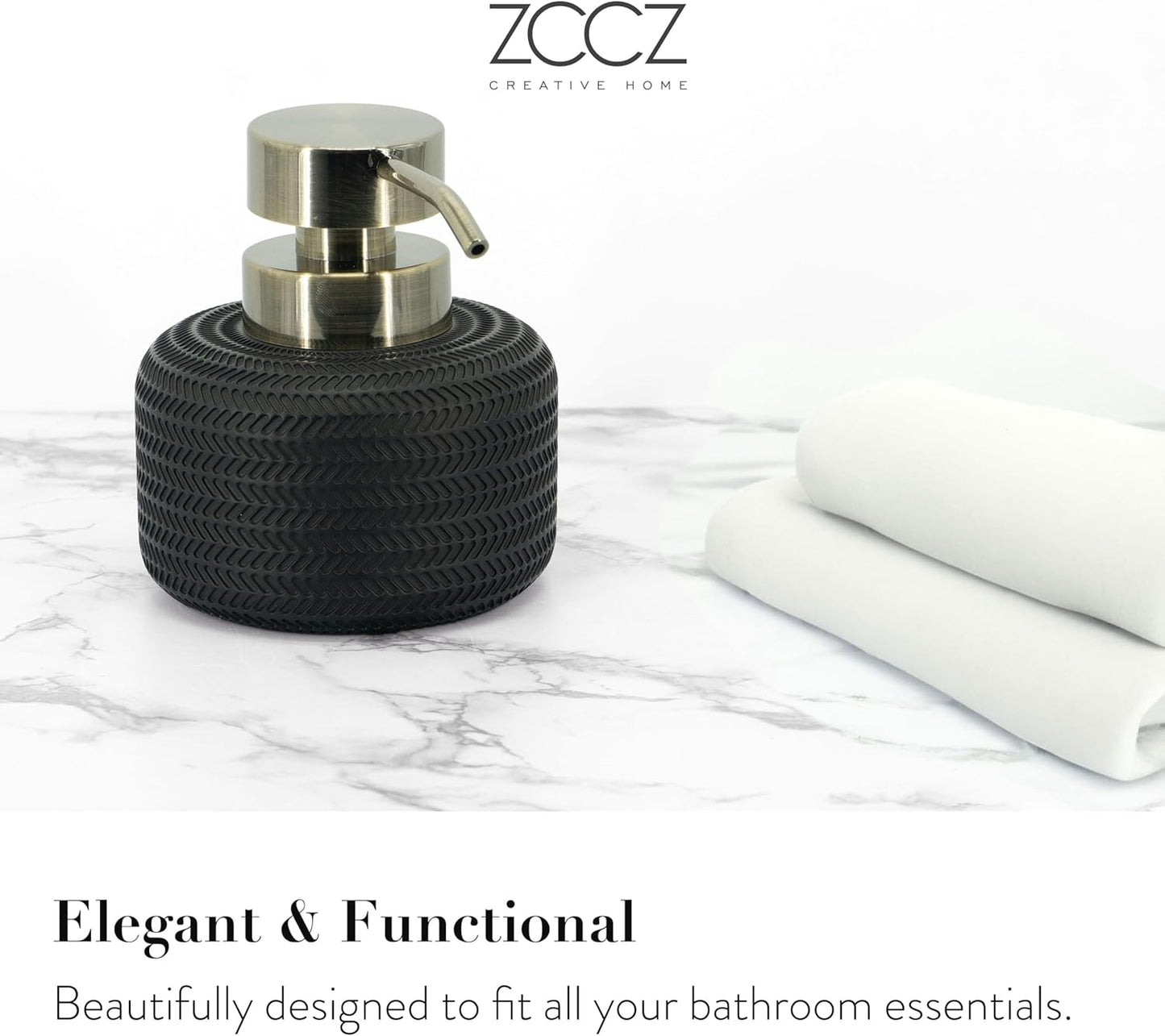 ZCCZ Black Bathroom Accessories Set 4 Pcs - Toothbrush Holder, Soap Dispenser, Vanity Tray, Tumbler - Countertop Organizer for Bathroom - Modern Accessory Set for Home Decor and Storage