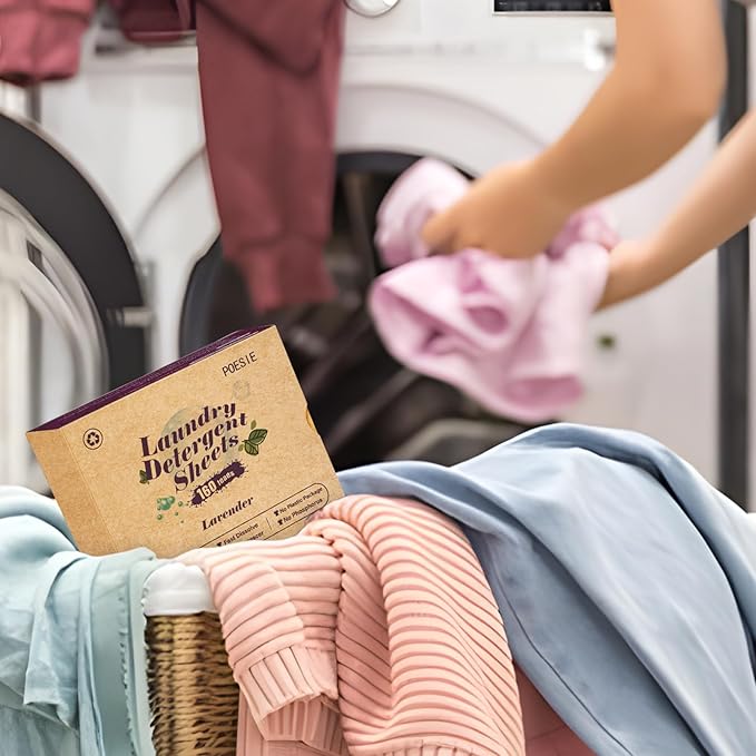 Poesie Laundry Detergent Sheets Lavender Scent 160 Count Soap Sheets Non-Plastic Hypoallergenic Portable Liquidless HE Washing Detergent Strips for Save Place Traveling No Waste