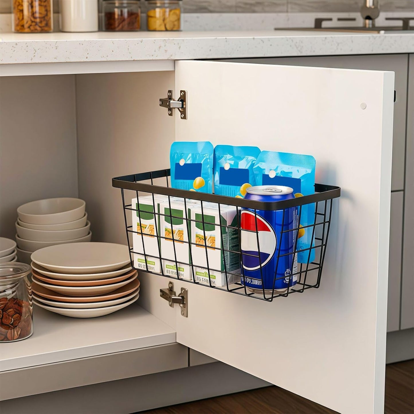 2 Pack Hanging Wall Basket Organizer Over the Cabinet Door Wire Baskets for Organizing -Space-Saving Hanging Baskets for Organizing Wall Mount Storage,No Drilling Adhesive Wall Storage Basket, Black