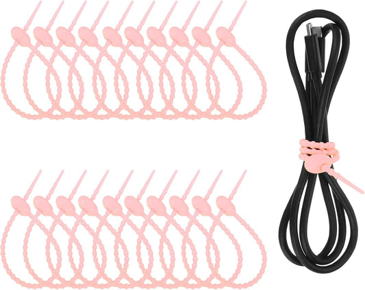 uxcell 20 Pcs Silicone Ties Bag Clip, 8.5 Inch Multi Purpose Silicone Zip Ties Reusable Rubber Zip Tie, Cable Strap Cord Organizer for Home Office Food Bag Wires Cables, Peach Pink