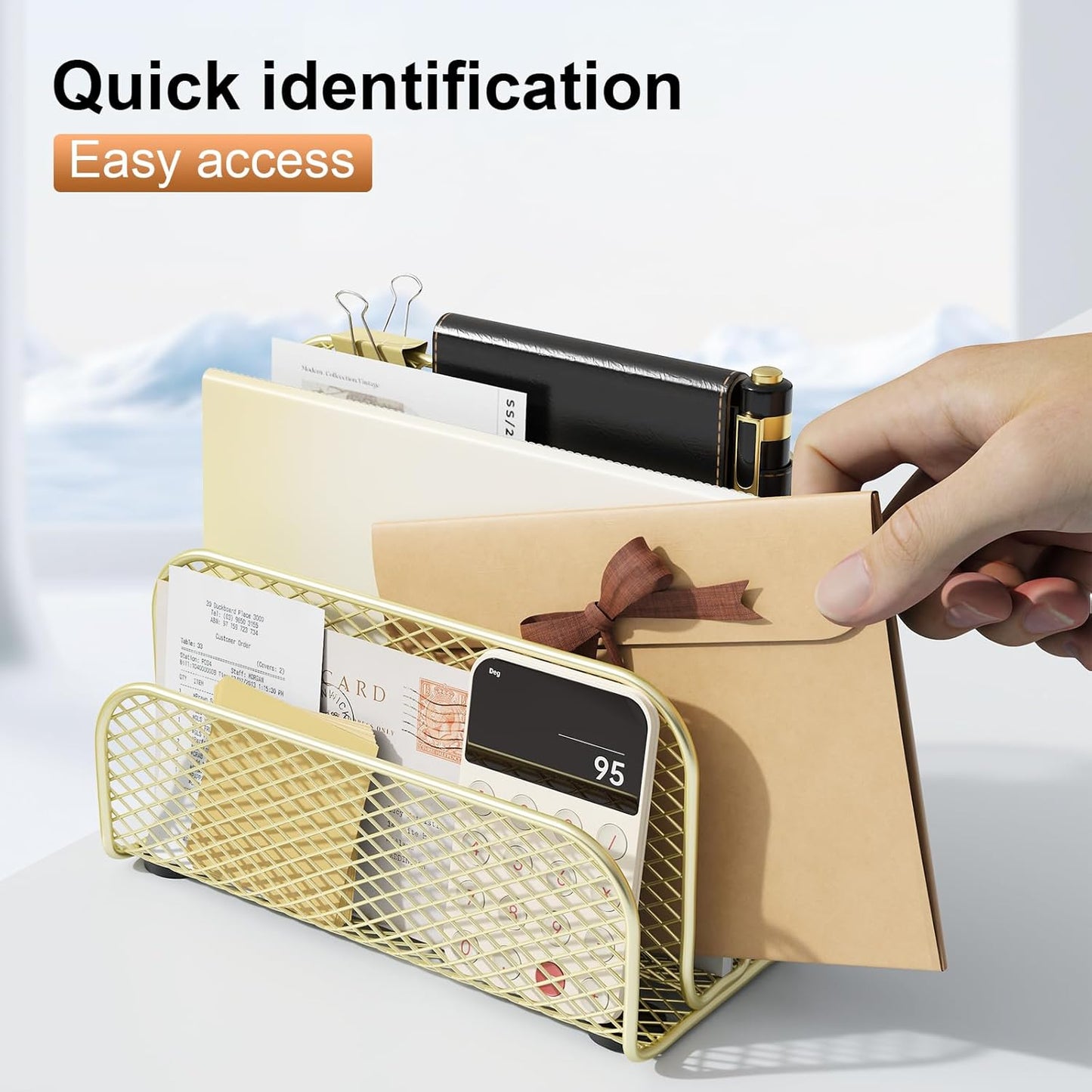 gianotter Mail Organizer Countertop, Metal File Holder with 3-Slot, Gold Desk Accessories for Office (Gold)