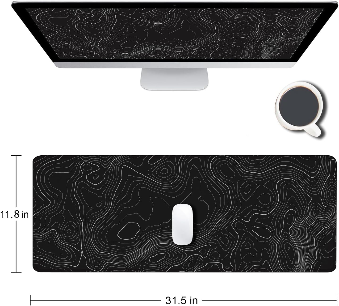 Gaming Mouse Pad, Large Topographic Mouse Pads for Desk, Non-Slip Rubber Base Mousepad, Keyboard Mouse Mat, Desk Pad with Stitched Edges, 31.5x11.8inch, Black Geographic Lines